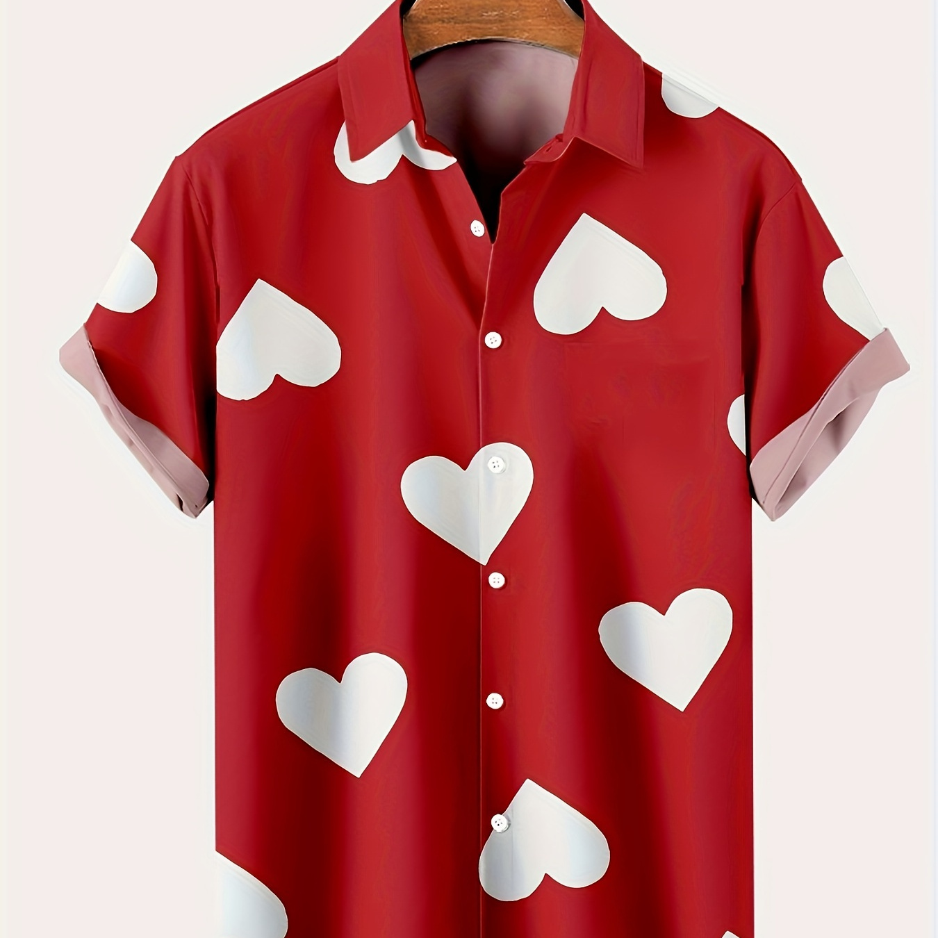 

Valentine's Day Themed Hearts Print Men's Short Sleeve Button Down Shirt, Summer Holiday Top