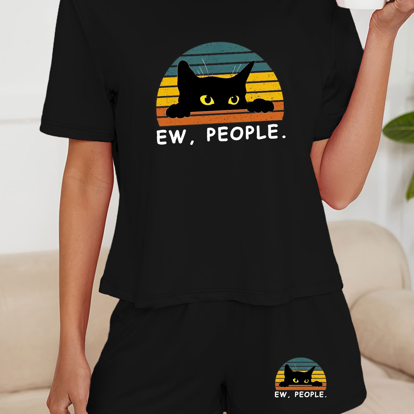 

Black Cat & Slogan Print Loose Fit Lounge Set, Casual Short Sleeve Round Neck T-shirt & Elastic Shorts, Women's Loungewear