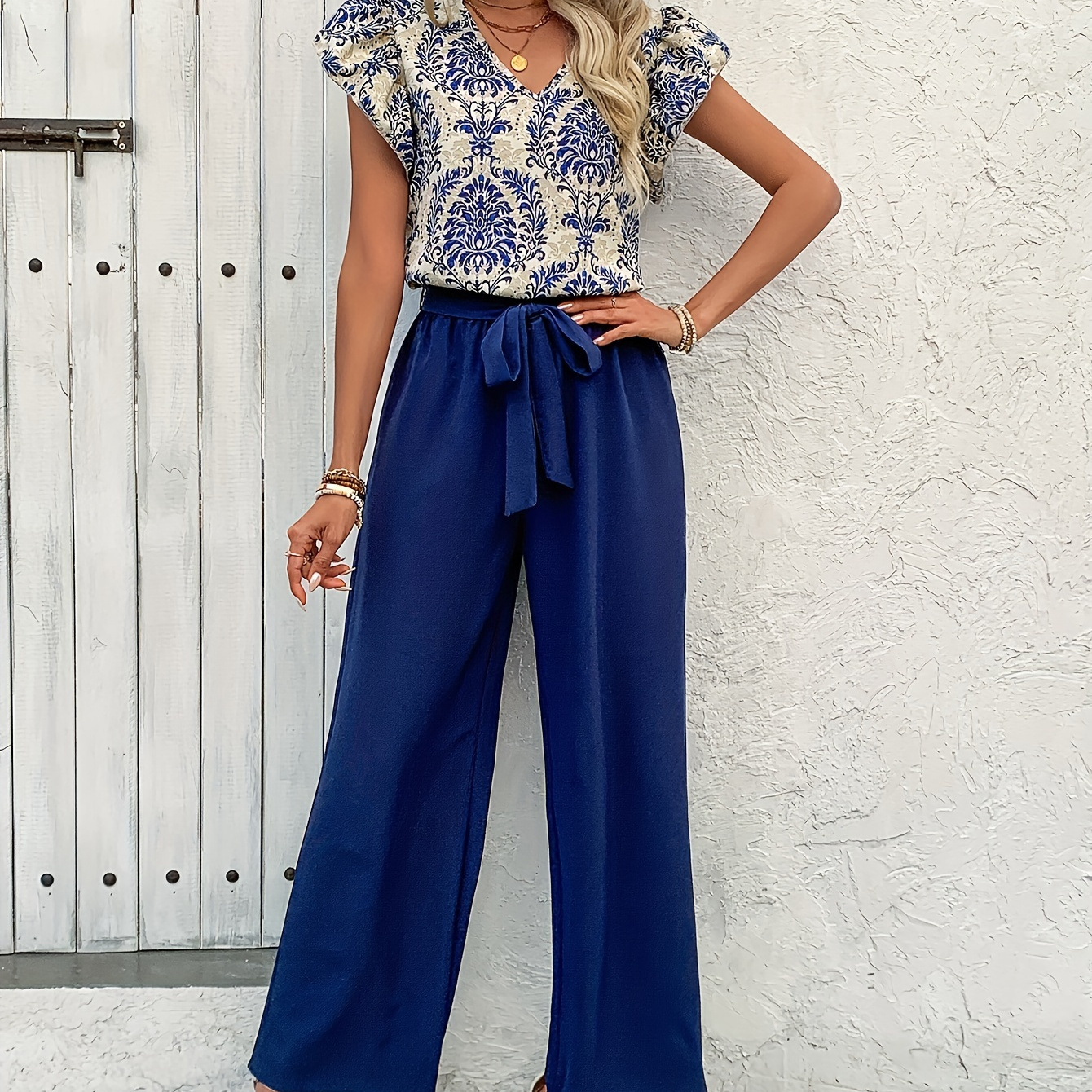 

Vacation Style Summer Pantsuits Set, Floral Print V-neck Blouse & Tie Waist Wide Leg Pants Outfits, Women's Clothing