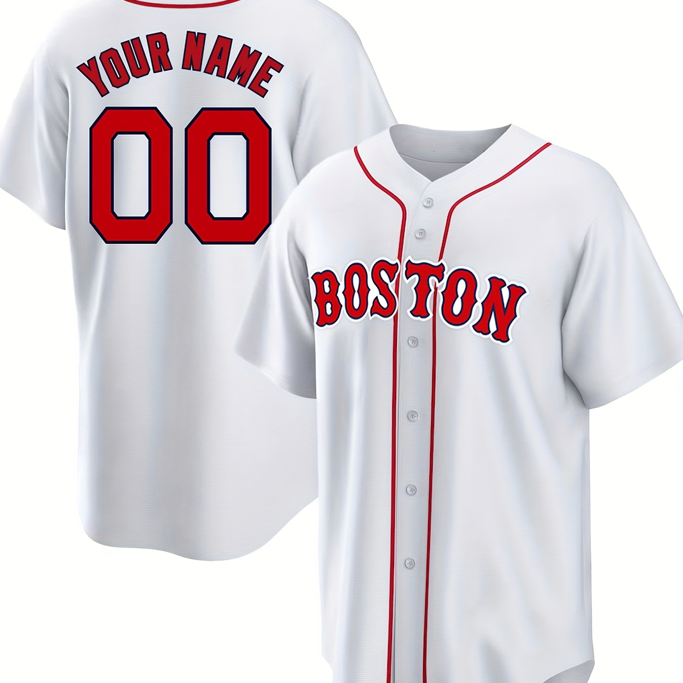 

Men's Customizable Name And Number Design Baseball Jersey Shirt, Boston Print Men's Embroidered Leisure Outdoor Sports Sweat Shirt For Match Party Training