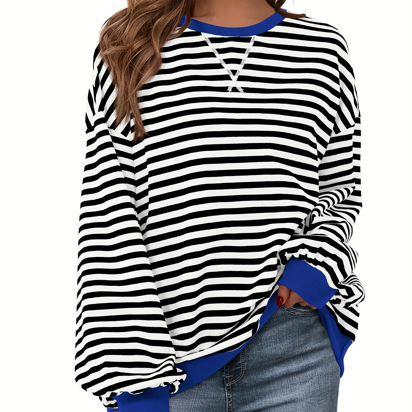 

Sweat-shirt élégant à col rond et manches longues pour femmes, pull en à rayures colorées, haut tendance toutes , poids du tissu 230 g/m²