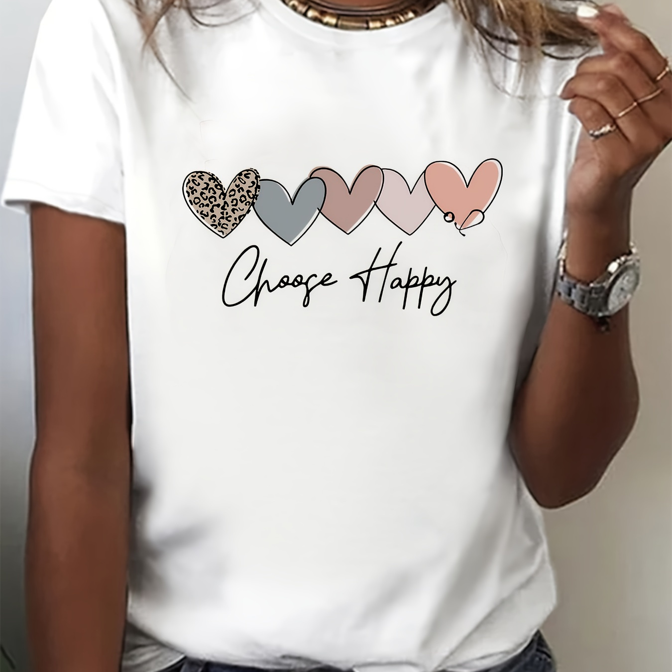

Heart & Happy Letter Print T-shirt, Cute Short Sleeve Crew Neck Top, Women's Clothing