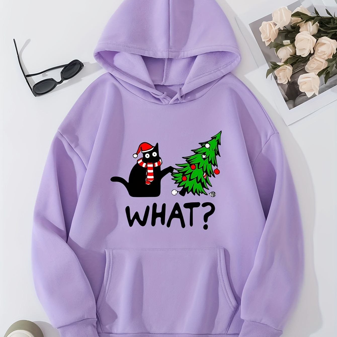 

Christmas Cat & Tree Print Hoodie, Cute Drawstring Kangaroo Pocket Hoodies Sweatshirt, Women's Clothing