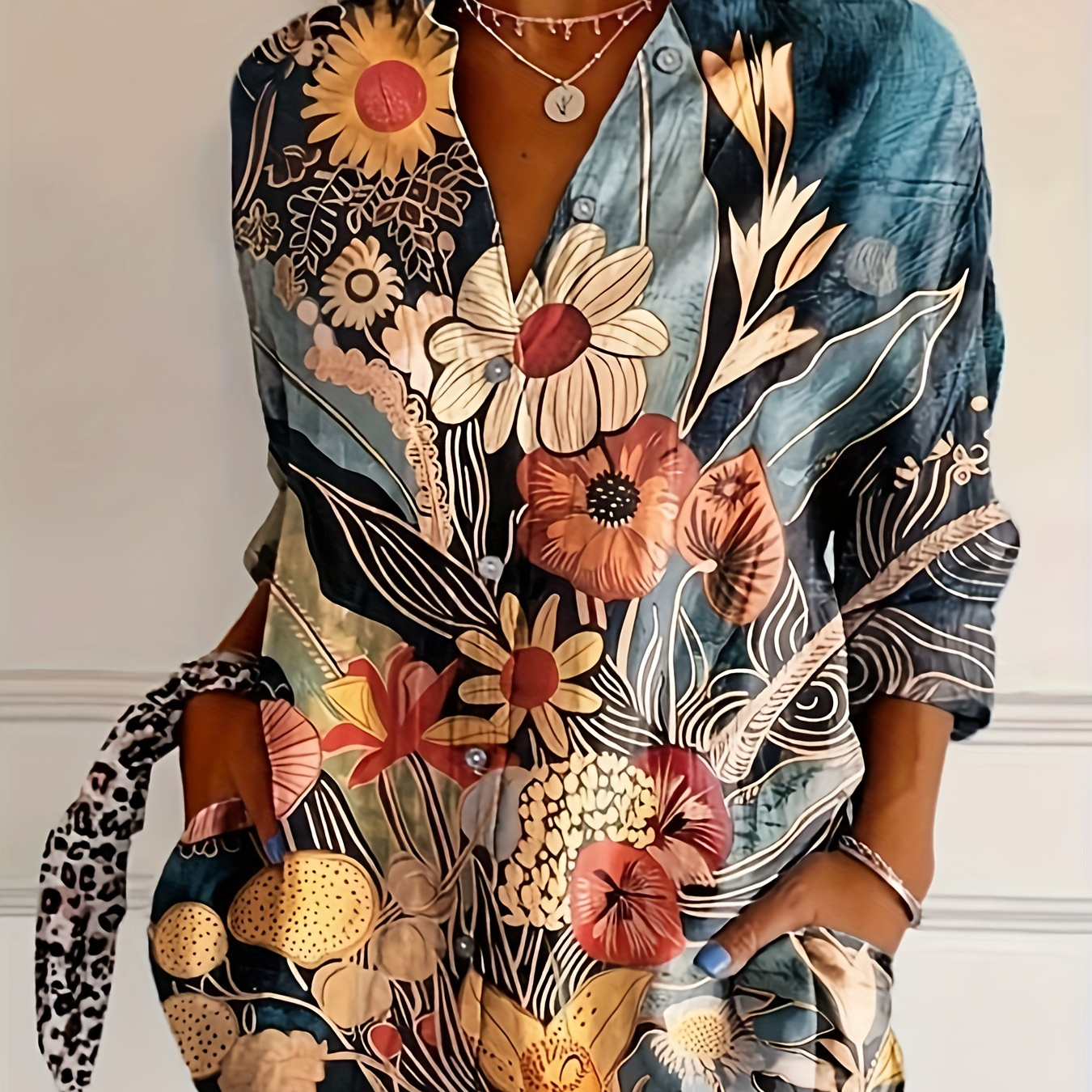 

Women's Elegant Long Sleeve Floral Print Blouse - Loose Fit, Vibrant Sunflower & Leaf Design, Polyester Fabric, Machine Washable, For All , Apparel | Elegant Style | Stylish Sleeves