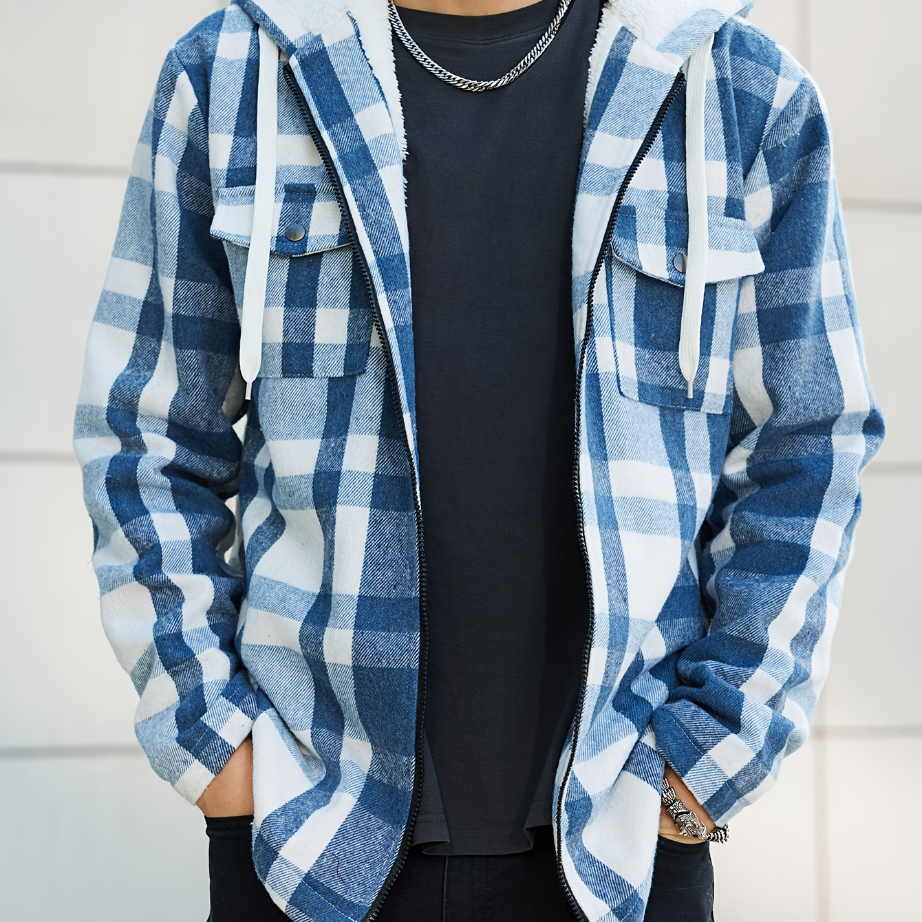 

Plaid Shirt Coat For Men Long Sleeve Hoodie Casual Regular Fit Button Up Hooded Shirts Jacket