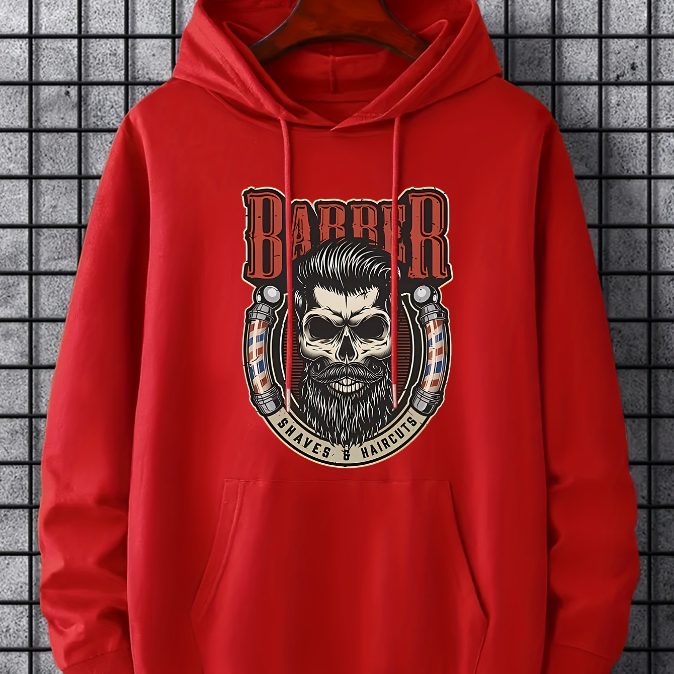 

Barber Print Hoodie With Kangaroo Pocket, Men's Casual Pullover Hooded Sweatshirt