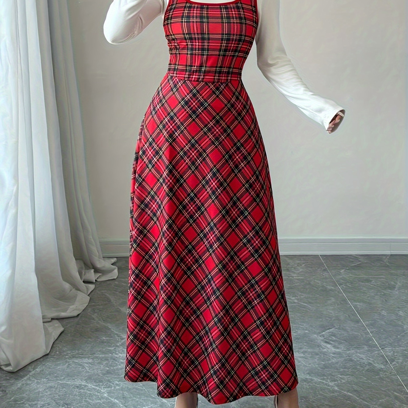 

1pc Elegant Tartan A-line Dress For Women, Sleeveless Knit Fabric With Square Neck, Polyester, Waist-cinching, For Spring/summer/fall - Adult