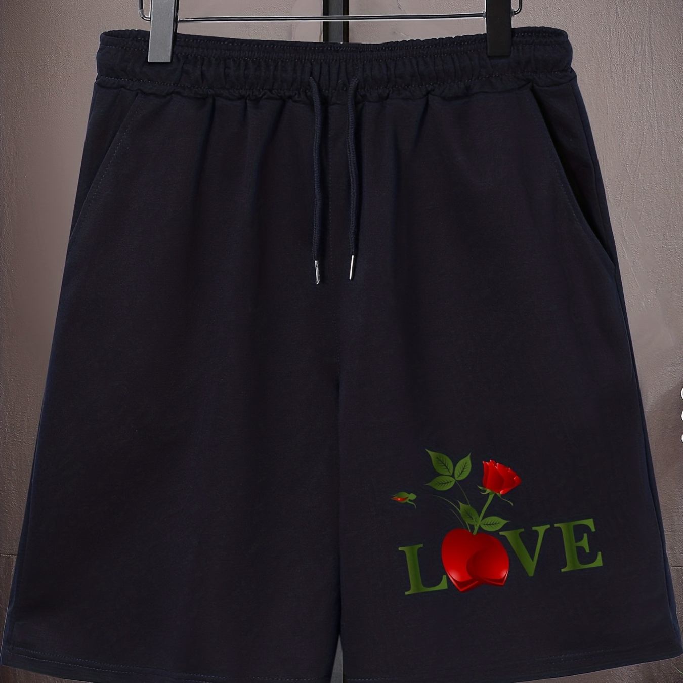 

Men's Rose And Letter "love" Graphic Casual Sports Loose Pocket Elastic Waist Drawstring Track Shorts For Spring Summer