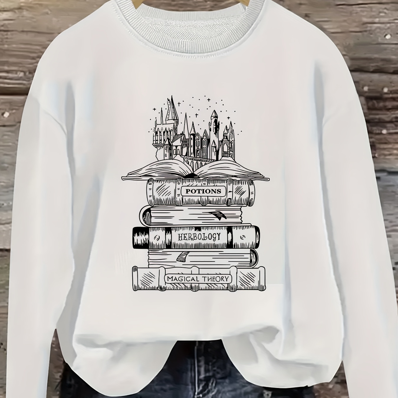 

Book Castle Print Sweatshirt, Crew Neck Casual Sweatshirt For Fall & Spring, Women's Clothing