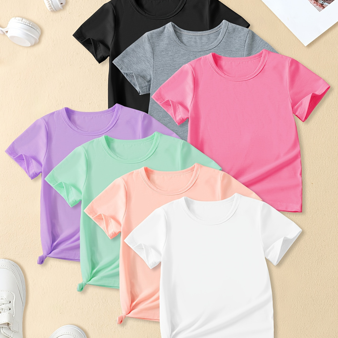 

Girls 7pcs/set Casual & Comfy Solid Colored Tees For Spring & Summer