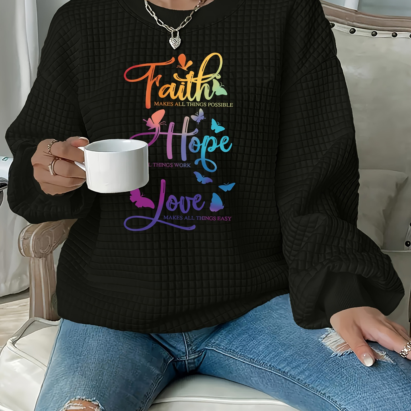 

Plus Size Faith Hope Love Print Pullover Sweatshirt, Casual Waffle Knit Long Sleeve Crew Neck Sweatshirt For Fall & Spring, Women's Plus Size Clothing