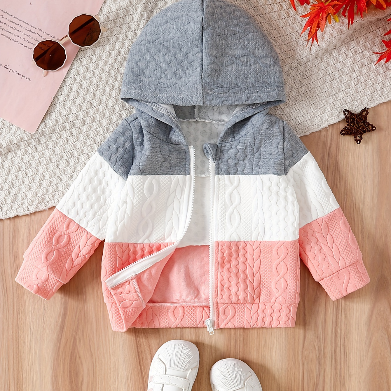 

Veste à capuche jacquard Baby's Color Clash, manteau décontracté à fermeture éclair, vêtements pour bébés et filles pour le printemps et l'automne en plein air