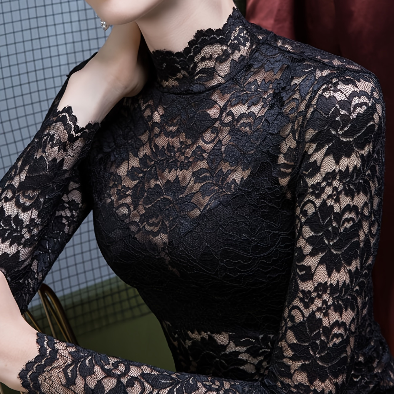 

Women's Sexy Lace Turtleneck Long Sleeve Top - Solid Color, Knit Fabric, With Spandex, Fashionable Lace Panel Detail