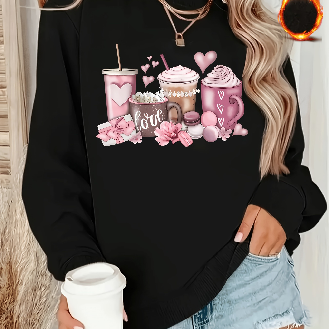 

Women's All-season Casual Crew Neck Sweatshirt With Cartoon Coffee And Love Print - 100% Polyester Knit Fabric, Long Sleeve Pullover With Slight Stretch - Cozy & Warm Active Sweatshirt