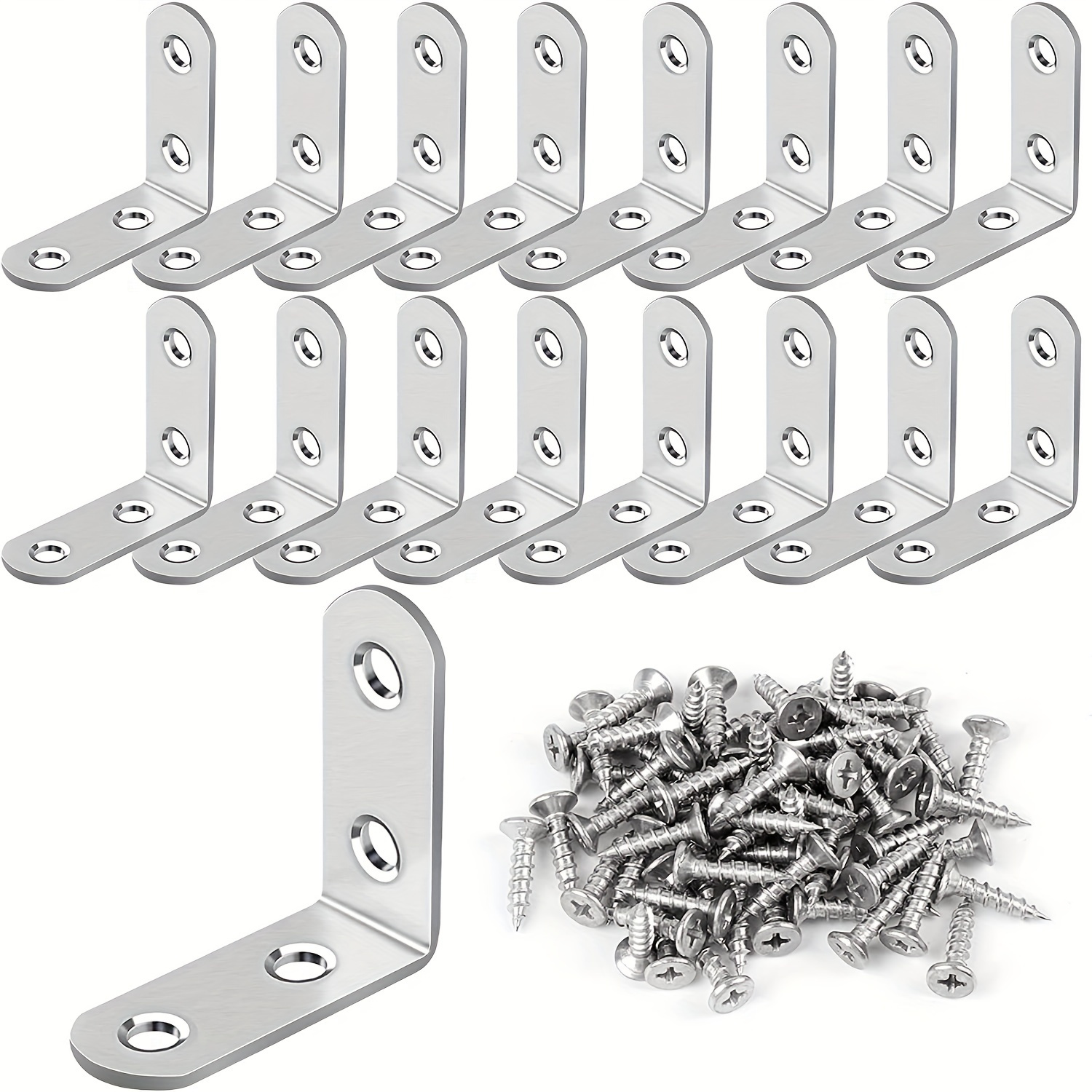 

16pcs L Bracket Stainless Steel Corner Brace Sets, 90 Degree Right Angle Bracket With 64 Pcs Screws, L Bracket Firmware Can Be Used For Wooden Shelves, Chairs, Tables, Dressers, Furniture
