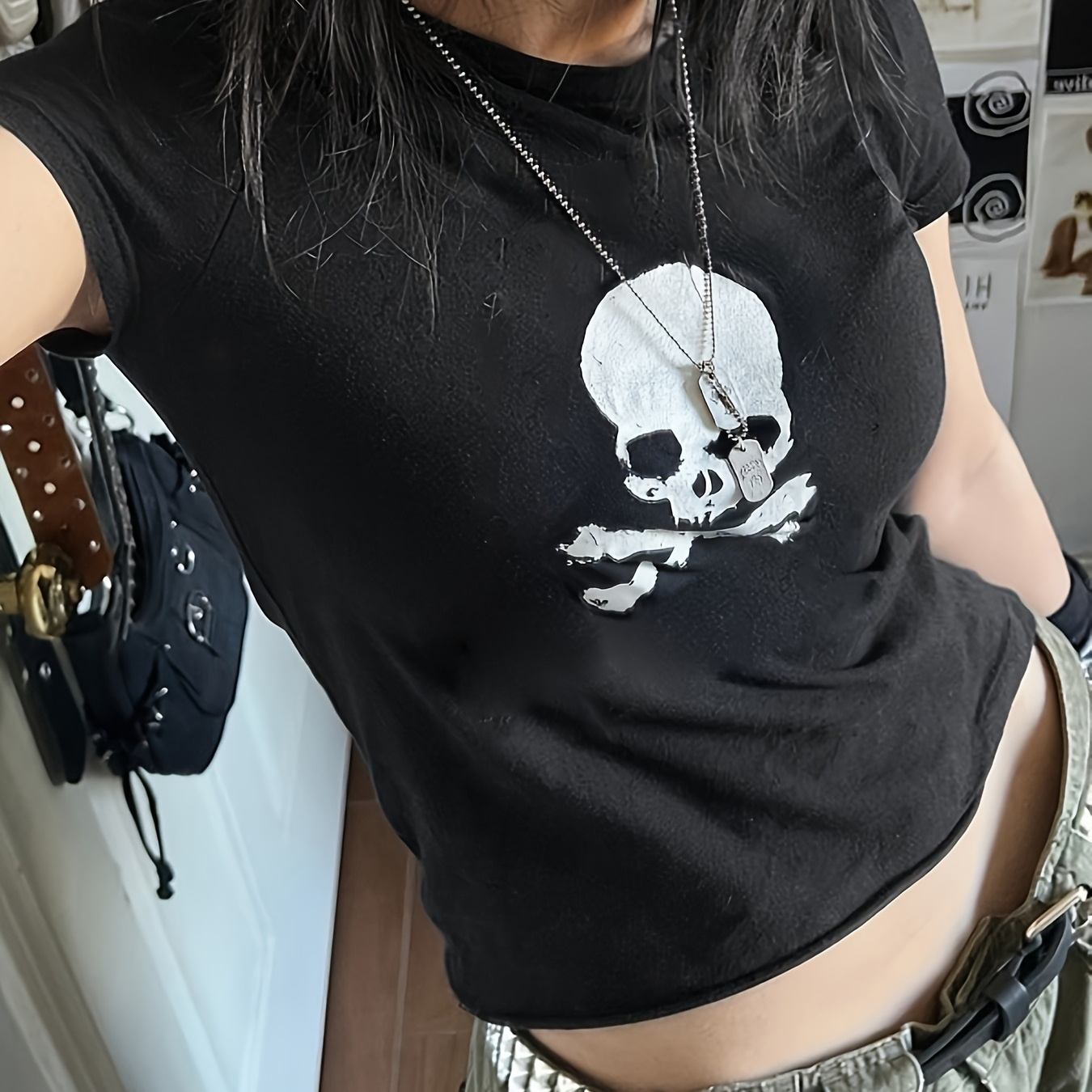 

T-shirt à manches courtes imprimé crâne de style Y2K pour femmes, en polyester 95% et élasthane 5%, col rond, longueur régulière, motif Halloween, haut de mode printemps/été