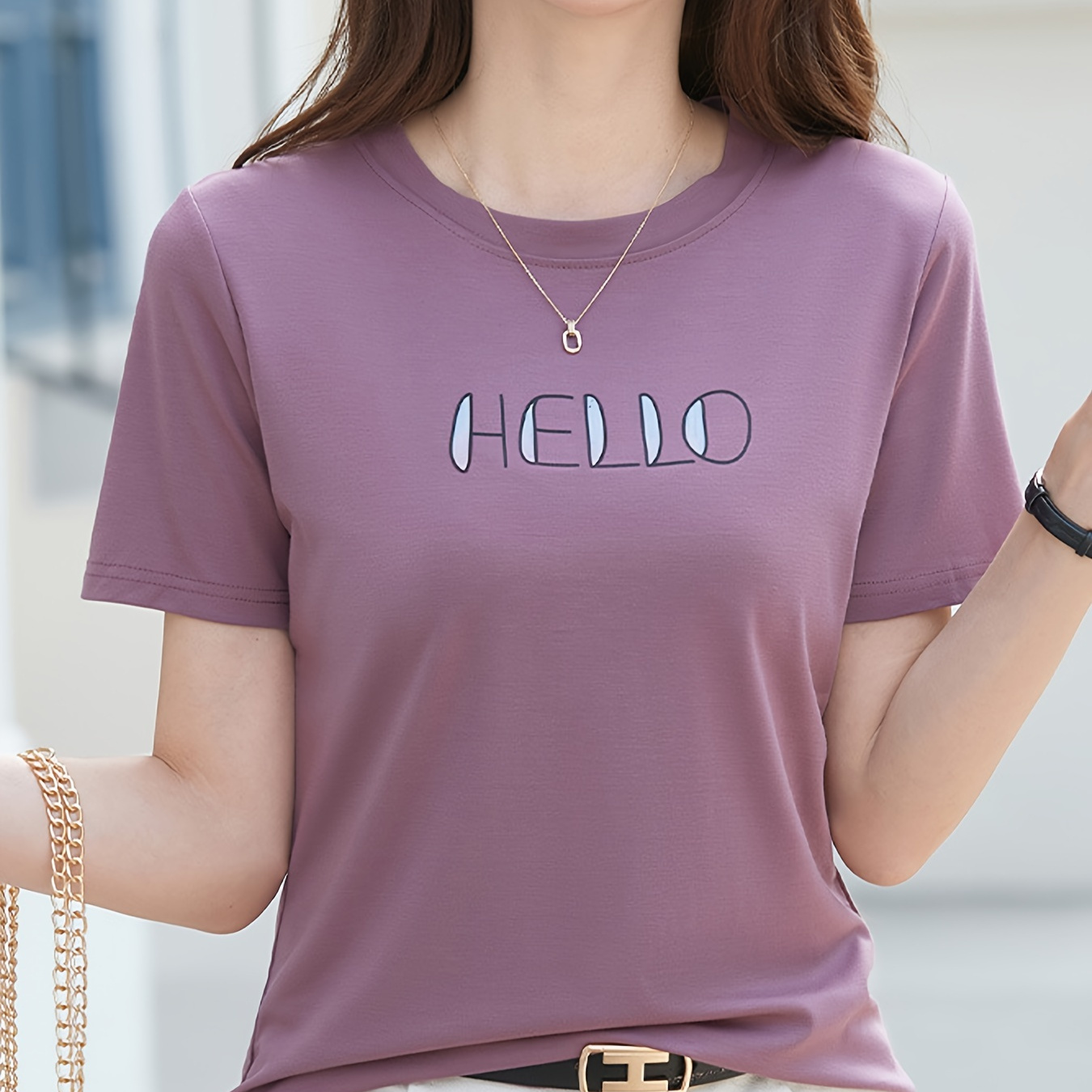 

Hello Print Crew Neck T-shirt, Casual Short Sleeve T-shirt For Spring & Summer, Women's Clothing