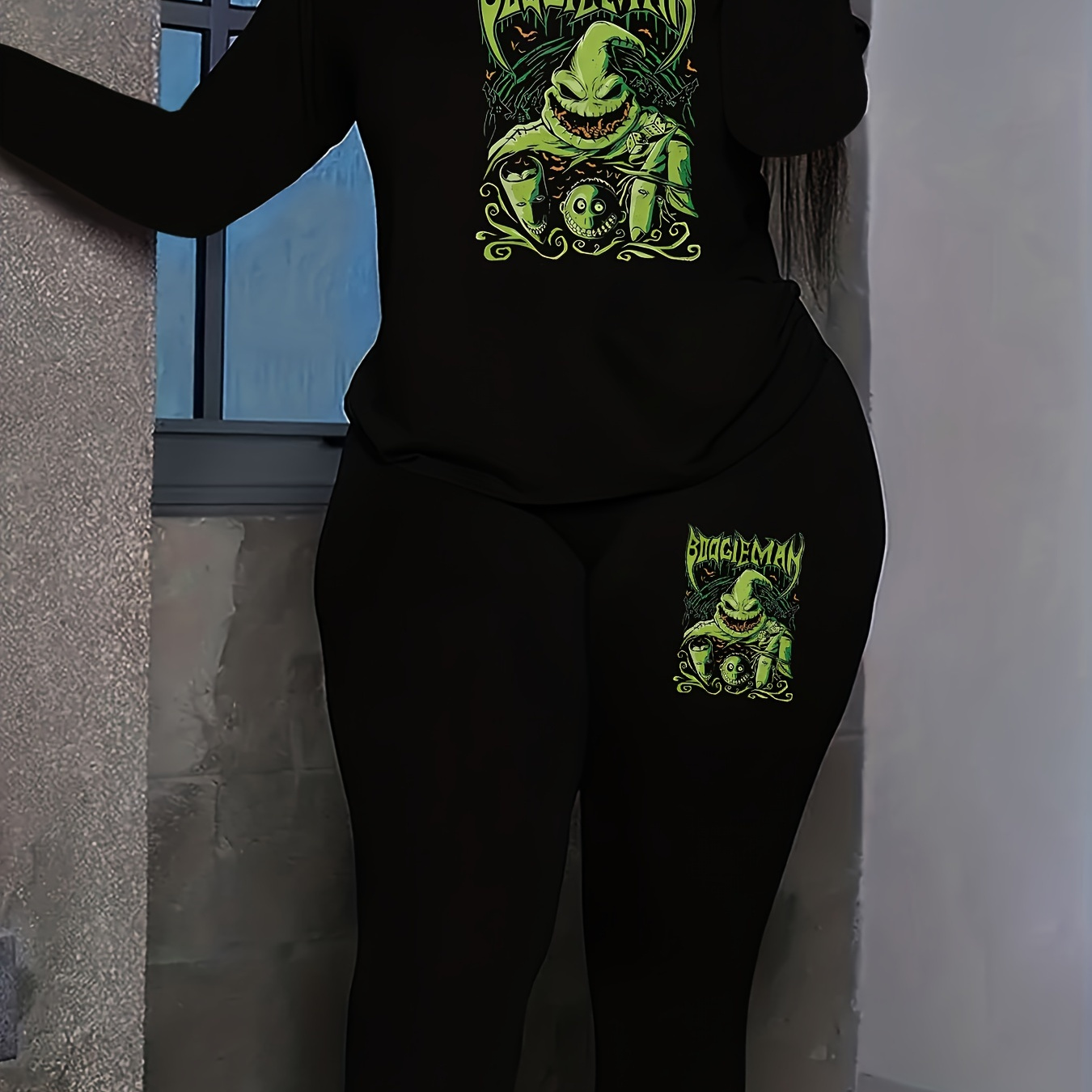 

Plus Size Cartoon Print Two-piece Set, Crew Neck Long Sleeve Top & Pants Outfits, Women's Plus Size clothing