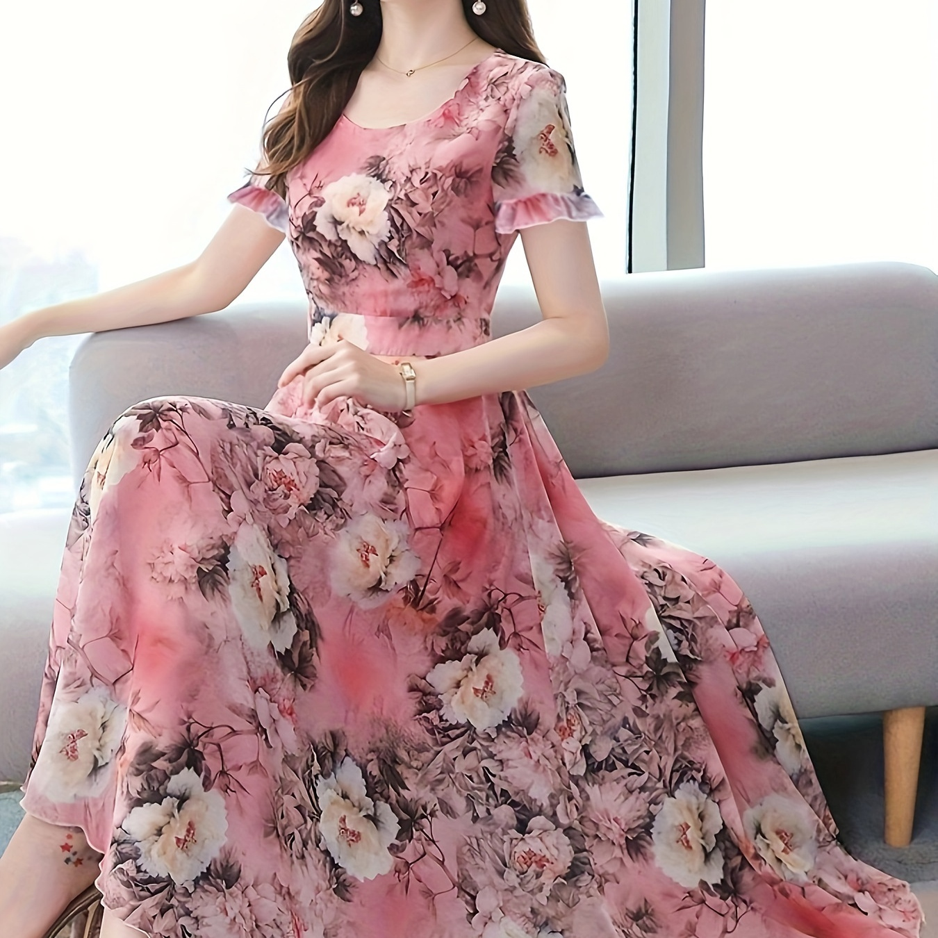

Floral Print Crew Neck Dress, Elegant Short Sleeve A-line Flowy Dress For Spring & Summer, Women's Clothing