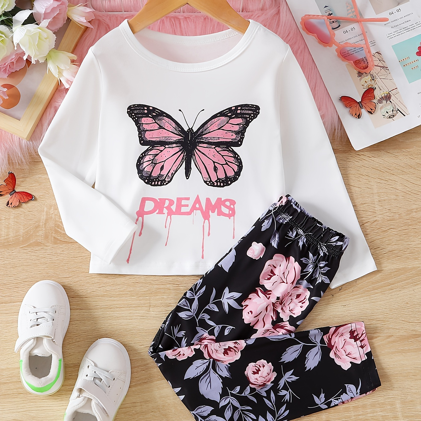 

Girl's Butterfly Graphic Outfit 2pcs, Long Sleeve Top & Floral Pattern Pants Set, Dreams Print Kid's Clothes For Spring Fall