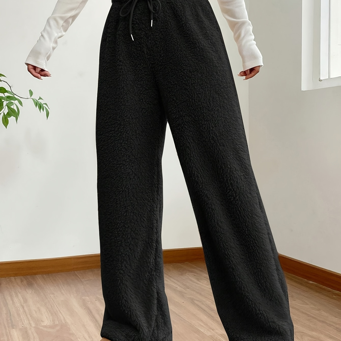 

Pantalon large à jambes larges et taille haute avec cordon de serrage, pantalon décontracté en peluche de couleur unie pour l'automne et l'hiver, vêtements pour femmes.