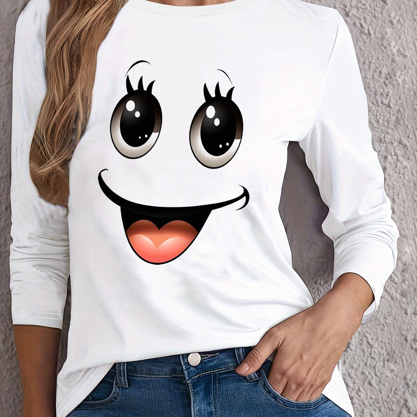 

Women's Cartoon Face Print Long Sleeve T-shirt - 95% Polyester 5% Spandex Knit Crew Neck Casual Top For All