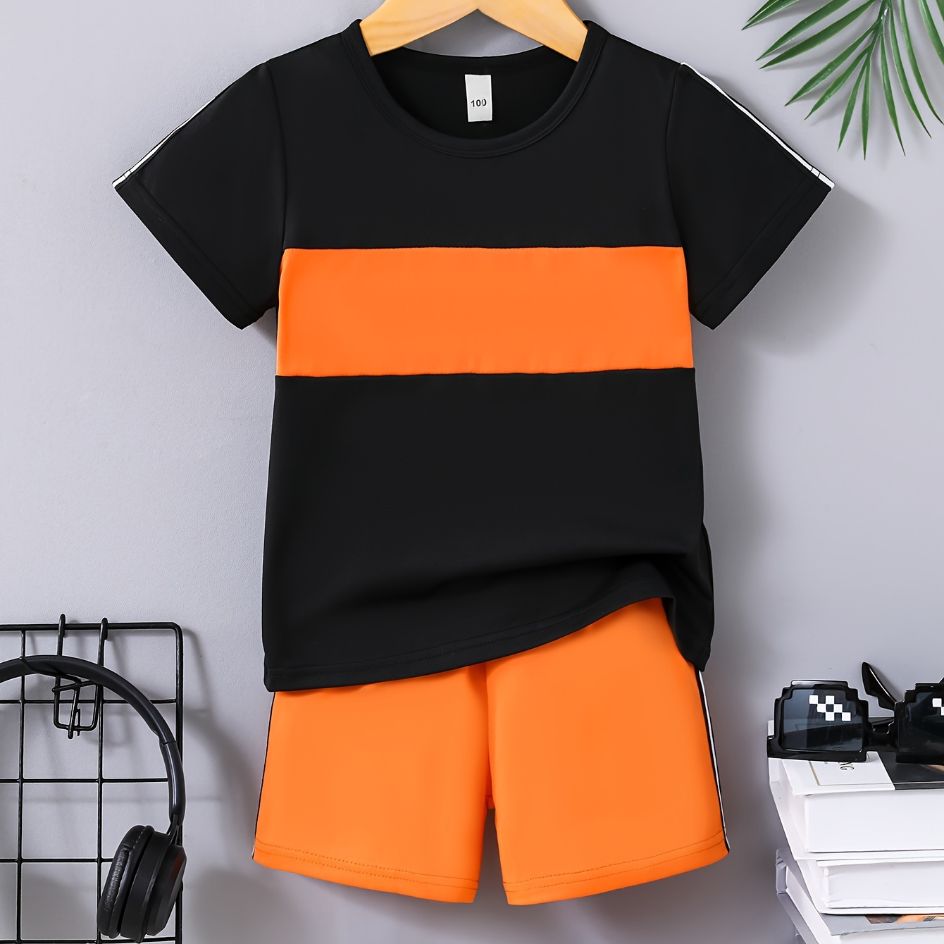 

2pcs Boys Casual Colorblock Short Sleeve T-shirt & Shorts Set, Comfy Summer Boys Clothes