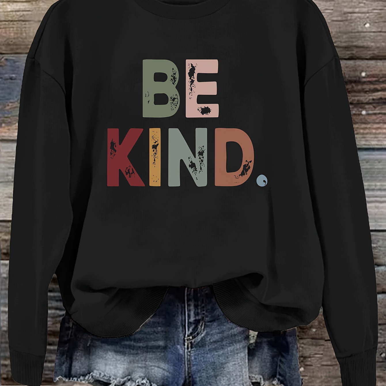 

Be Kind Print Pullover Sweatshirt, Casual Long Sleeve Crew Neck Sweatshirt, Women's Clothing