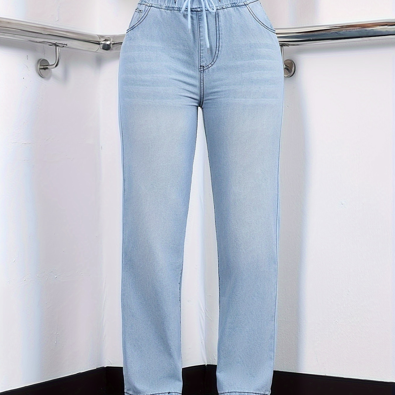 

Jeans Droits Bleu SENLANJIEQU pour Femmes avec Taille Élastique à Cordon - Style Décontracté, Taille Moyenne, Poches Fendues, Lavable en Machine