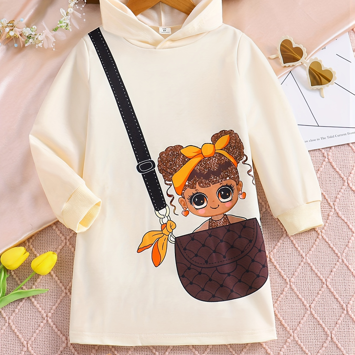 

Cute In The Bag Graphic Hooded Dress Long Sleeve Dress Kids Clothes For Spring Fall Party