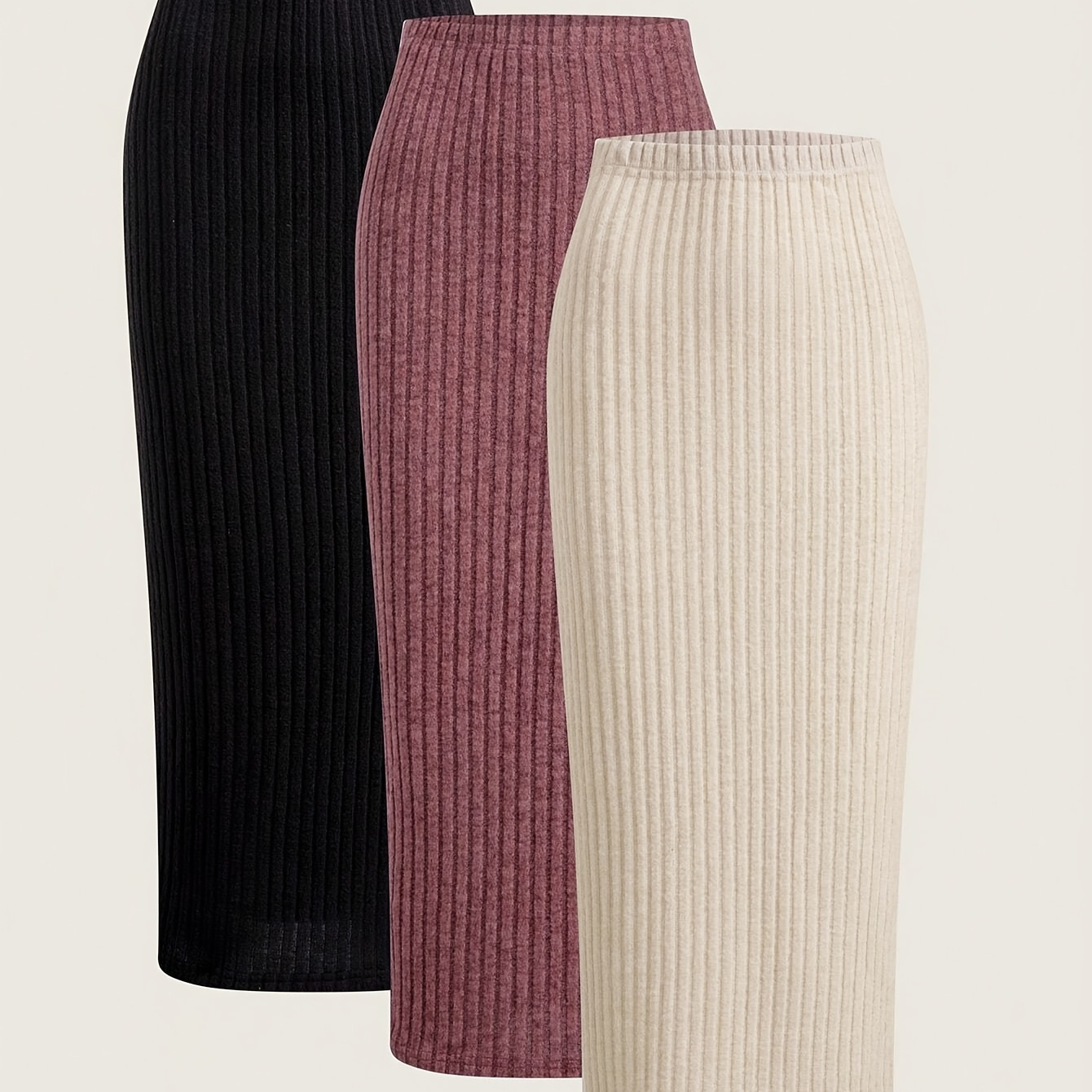 

Autumn And Winter Simple Knitted Solid Color Pinstripe Back Slit Half Skirt 3 Piece Set