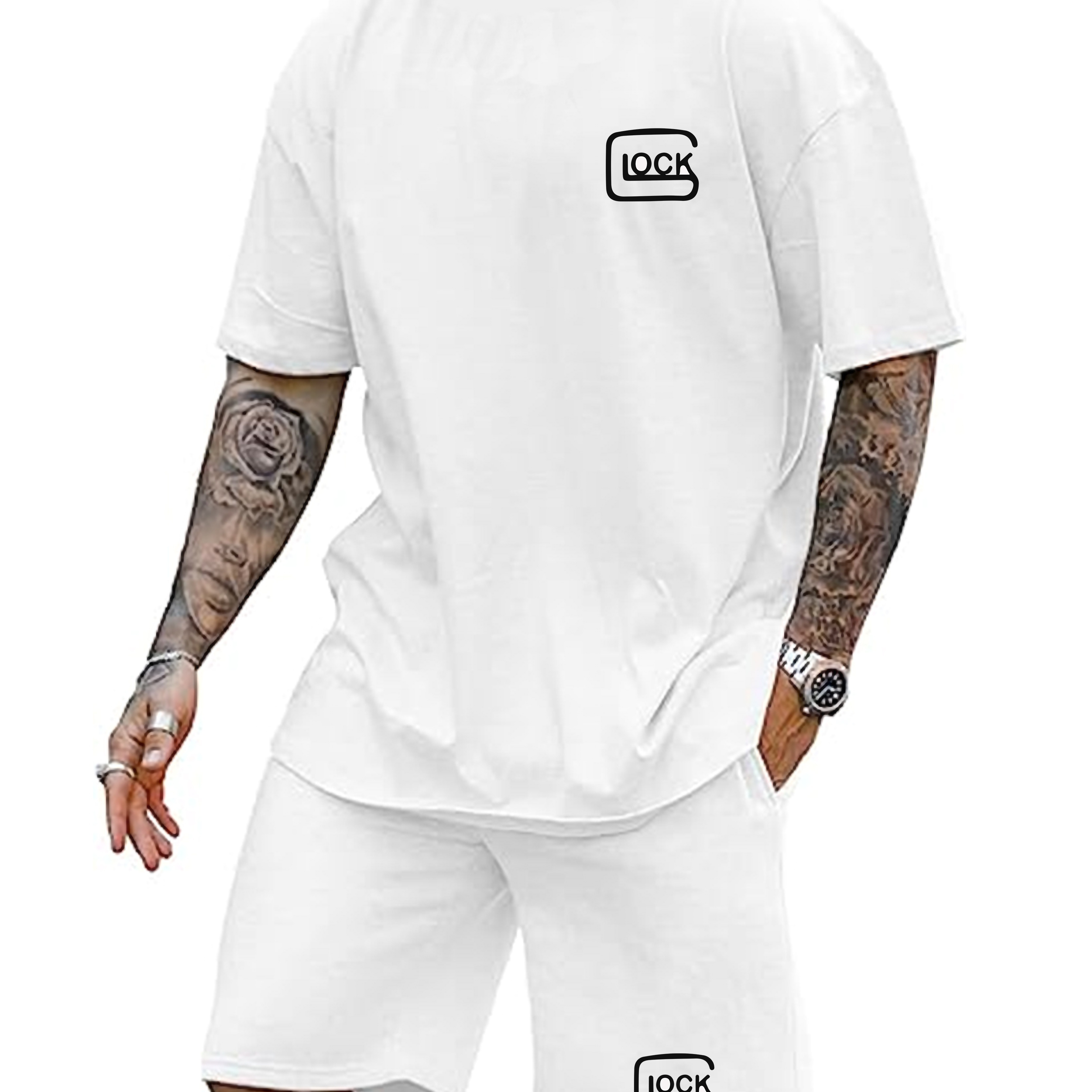 

2pcs, Men's Lock Print Short Sleeve T-shirt Top + Elastic Waist Shorts Set For Summer Outdoor Sports, Men's Clothes