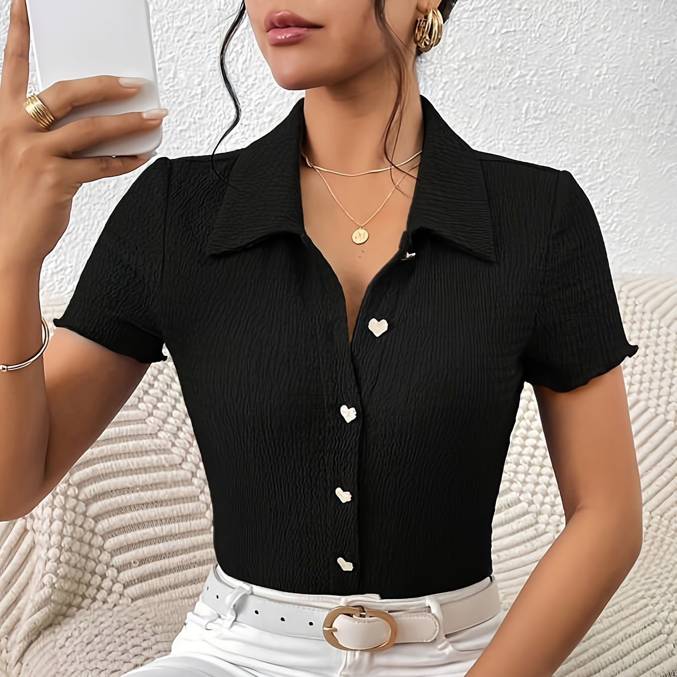 

Solid Heart Shaped Button Slim Shirt, Cute Short Sleeve Shirt For Spring & Summer, Women's Clothing