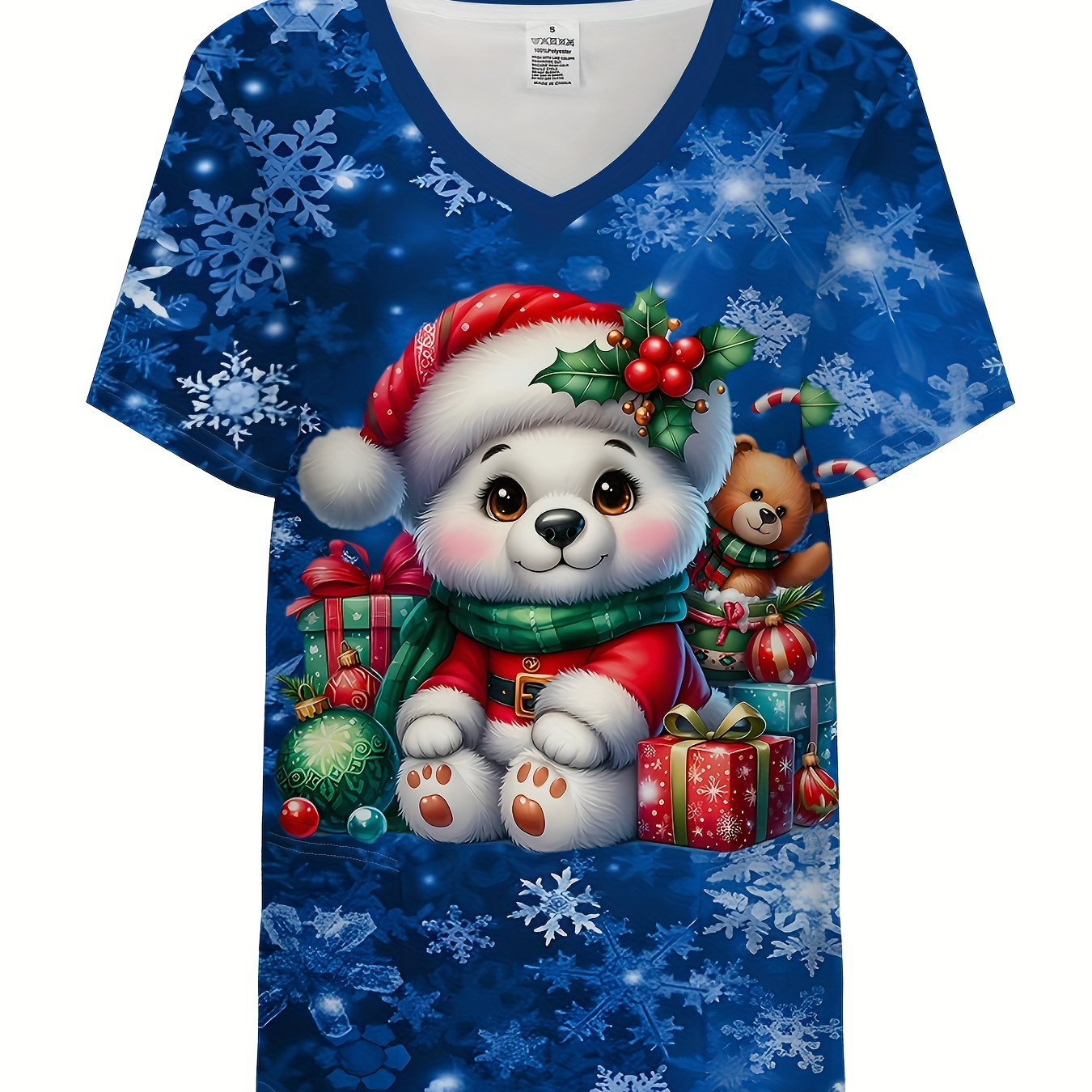 

Christmas Cute Puppy Print Stretchy V-neck T-shirt, Comfortable & Care Uniform For Nurse, Women's Clothing