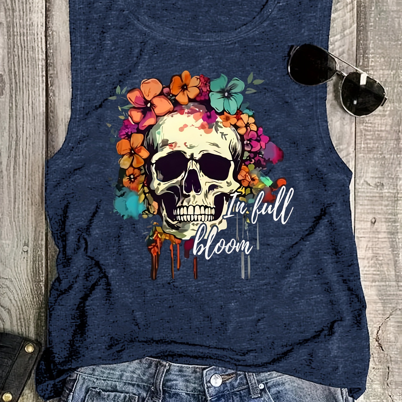 

Skull & Floral Print Tank Top, Sleeveless Casual Top For Summer & Spring, Women's Clothing