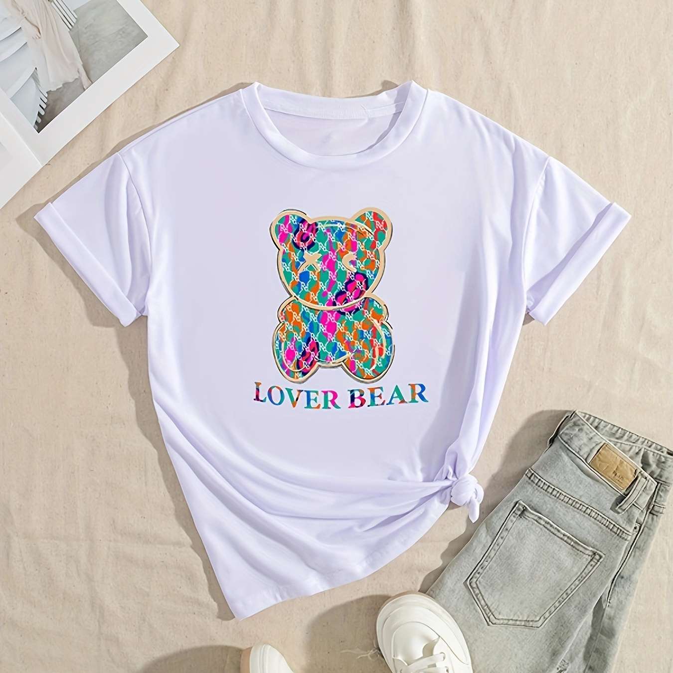 

Bear Print Crew Neck T-shirt, Casual Short Sleeve T-shirt For Spring & Summer, Women's Clothing