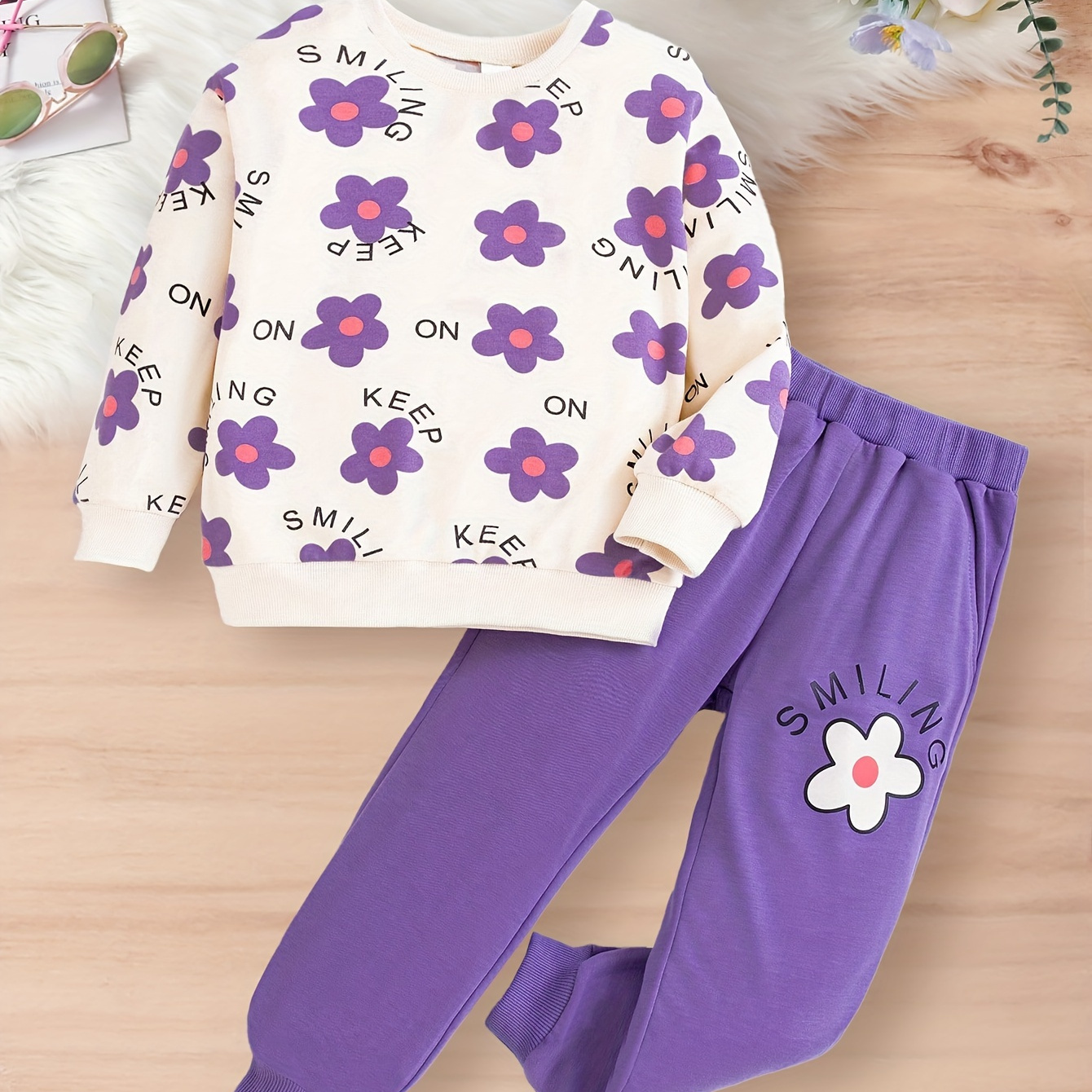 

1 Ensemble Sweat-shirt à manches longues et imprimé floral pour fille + pantalon de jogging - Tenue décontractée mignonne et confortable pour le printemps et l'automne, comme cadeau