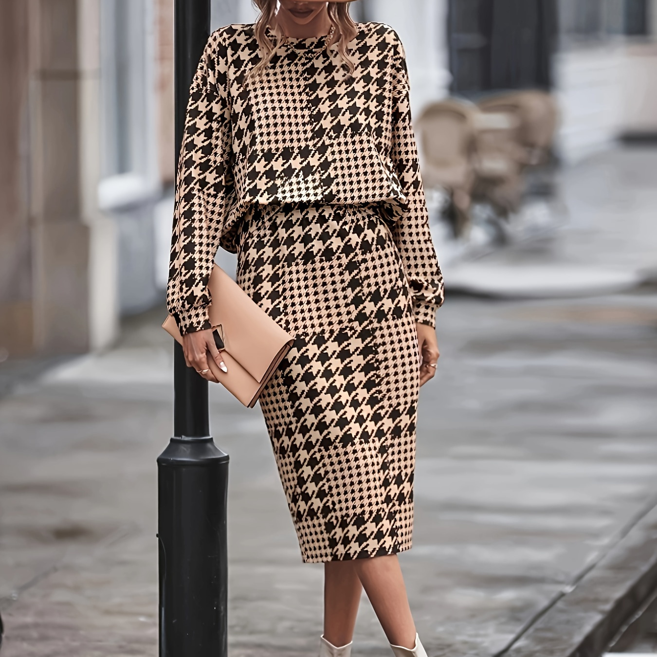 

Houndstooth Pattern Elegant Skirt Set, Long Sleeve Crew Neck Sweatshirt & Back Slit Bodycon Aline Skirt, Women's Clothing