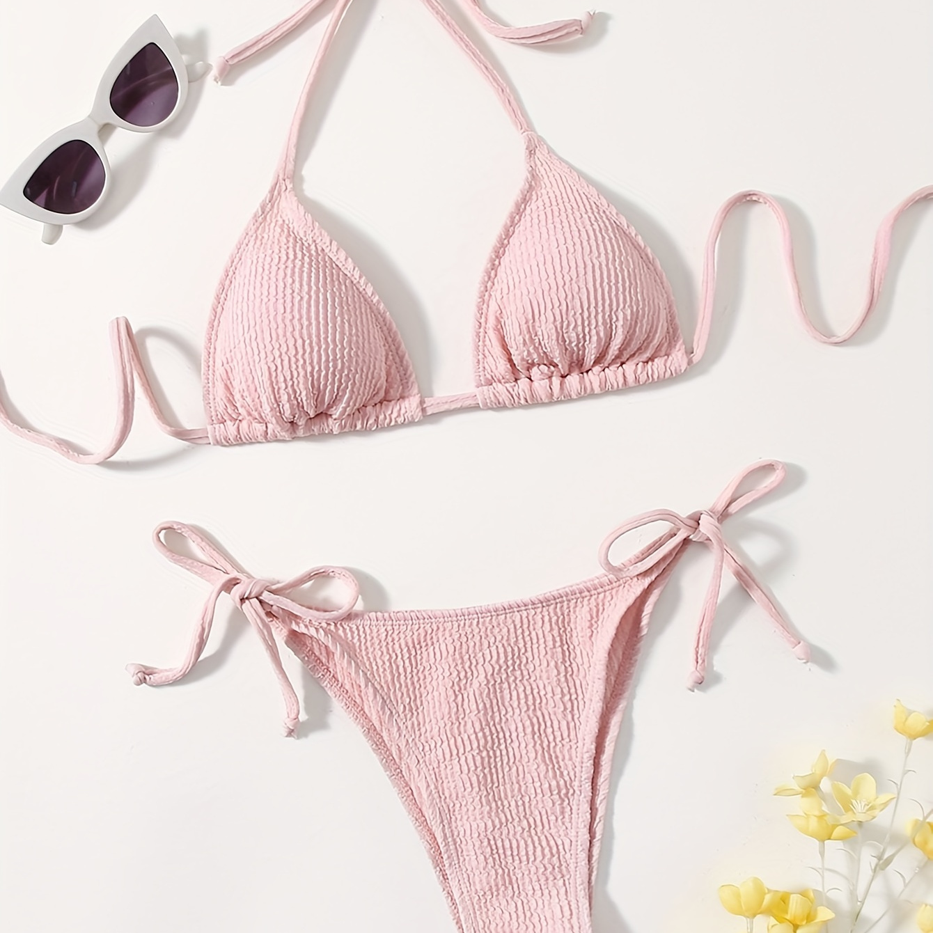 

Plain Peach Color Texture Fabric 2 Piece Set Bikini, Triangle Halter Tie Strap Cute Swimsuits, Women's Swimwear & Clothing