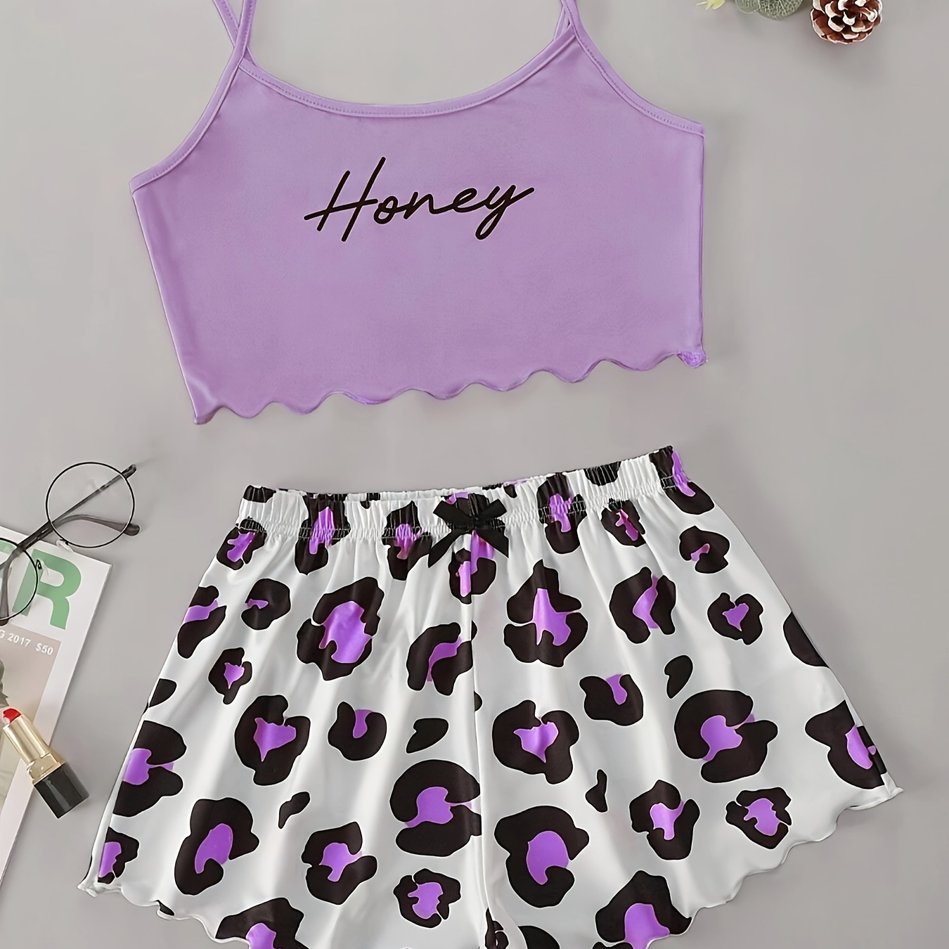 

Women's Cute Printed Cami Pajama Set, "honey" Graphic, Crop Cami Top With Leopard Print Shorts, Sleepwear Set