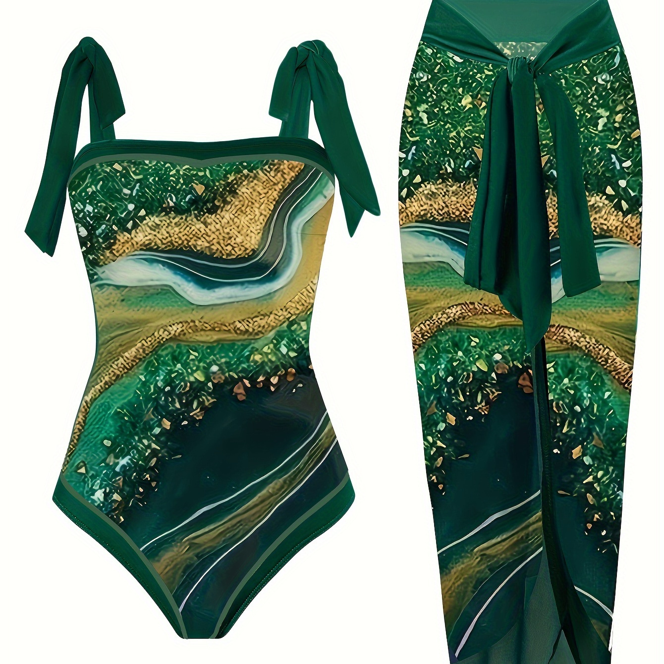 

Plus Size Retro Tankini Set, Women's Plus Marble Print Tie Shoulder 1 Piece Swimsuit & Skirt 2 Piece Bathing Suit