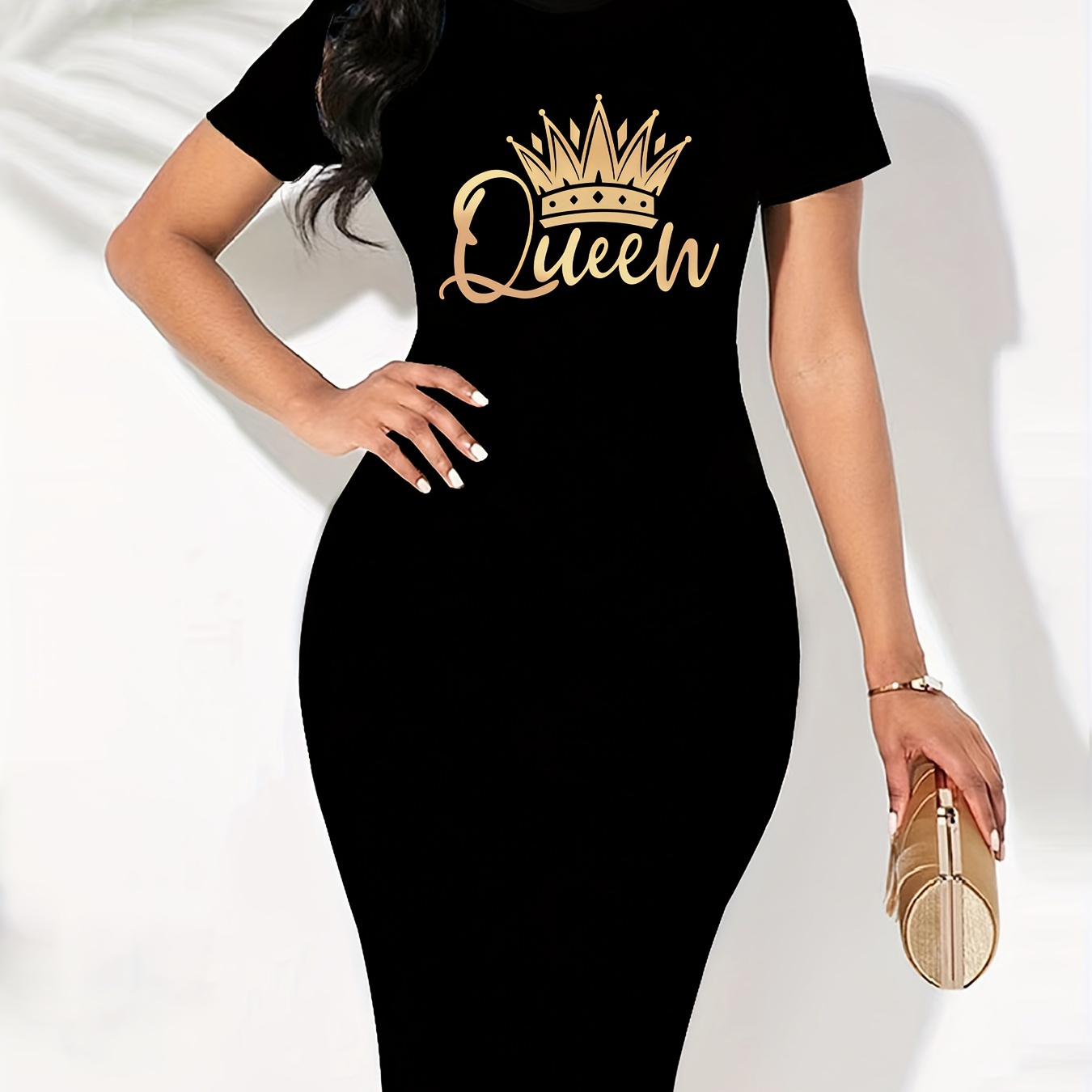

Queen Print Crew Neck Slim Dress, Casual Short Sleeve Dress For Summer & Spring, Women's Clothing