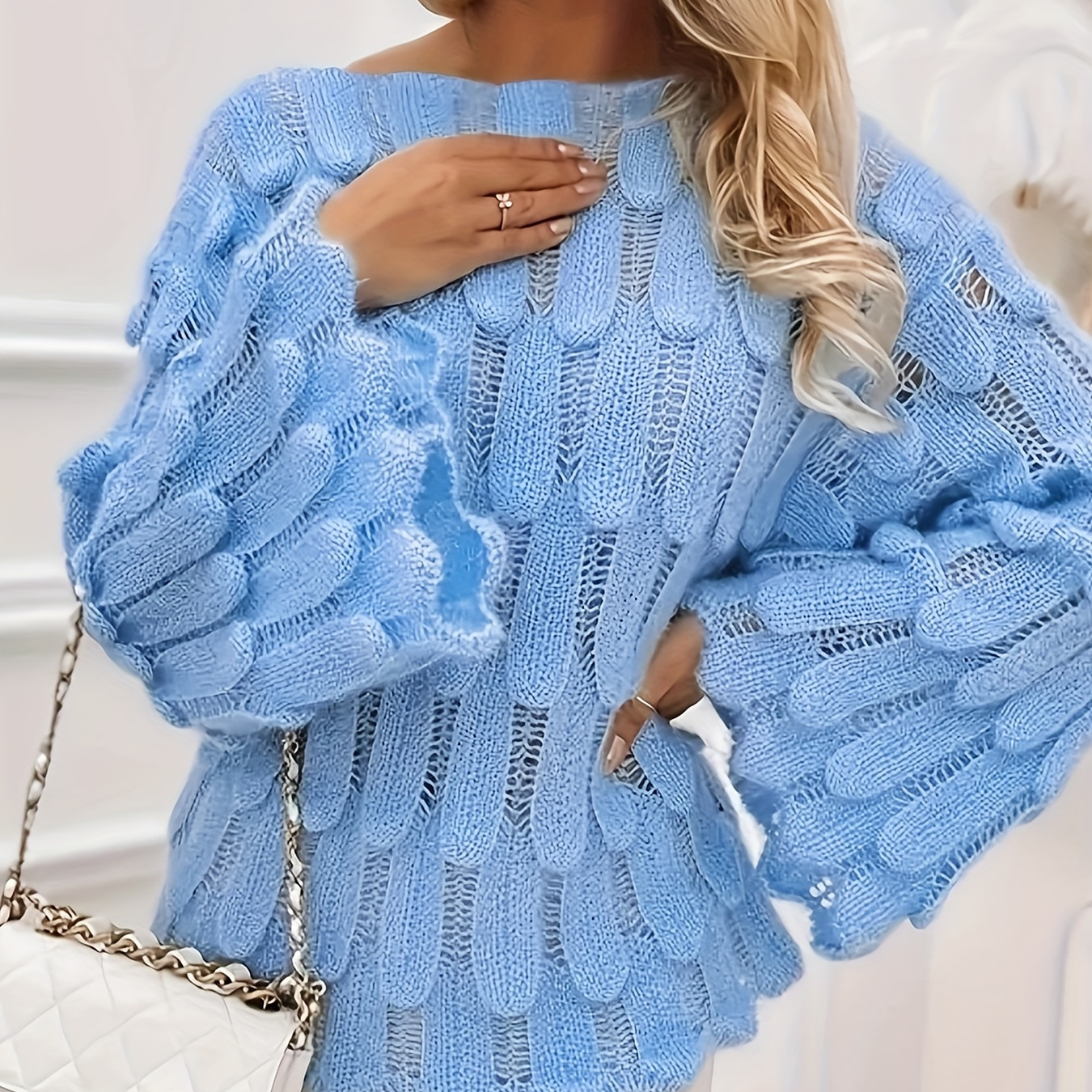 

Solid Cut Out Knitted Pullover Sweater, Elegant Flared Sleeve Sweater, Women's Clothing