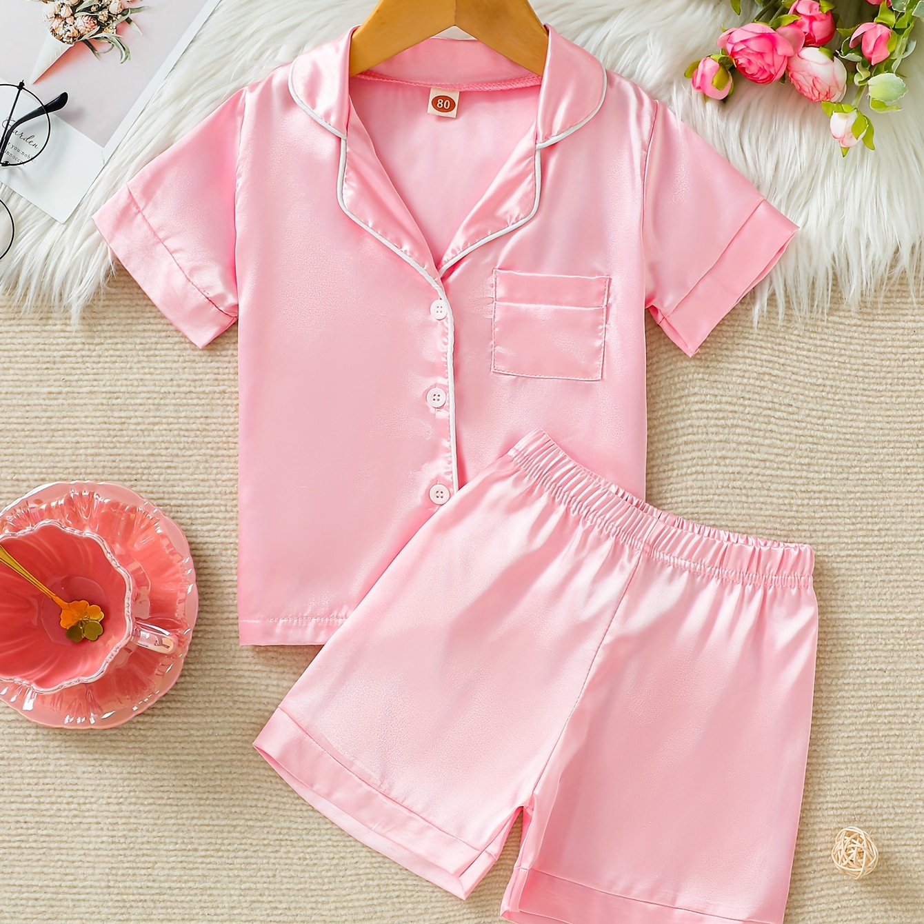 

Girls 2-piece Pajama Set Solid Lapel Short Sleeve Pocket Top + Matching Short Pants Comfy Loungewear