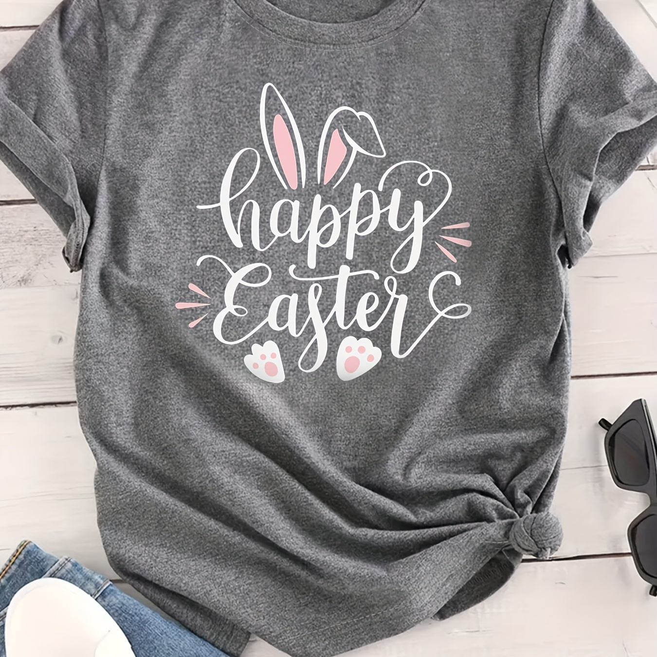 

Happy Easter Print T-shirt, Casual Crew Neck Short Sleeve Top For Spring & Summer, Women's Clothing