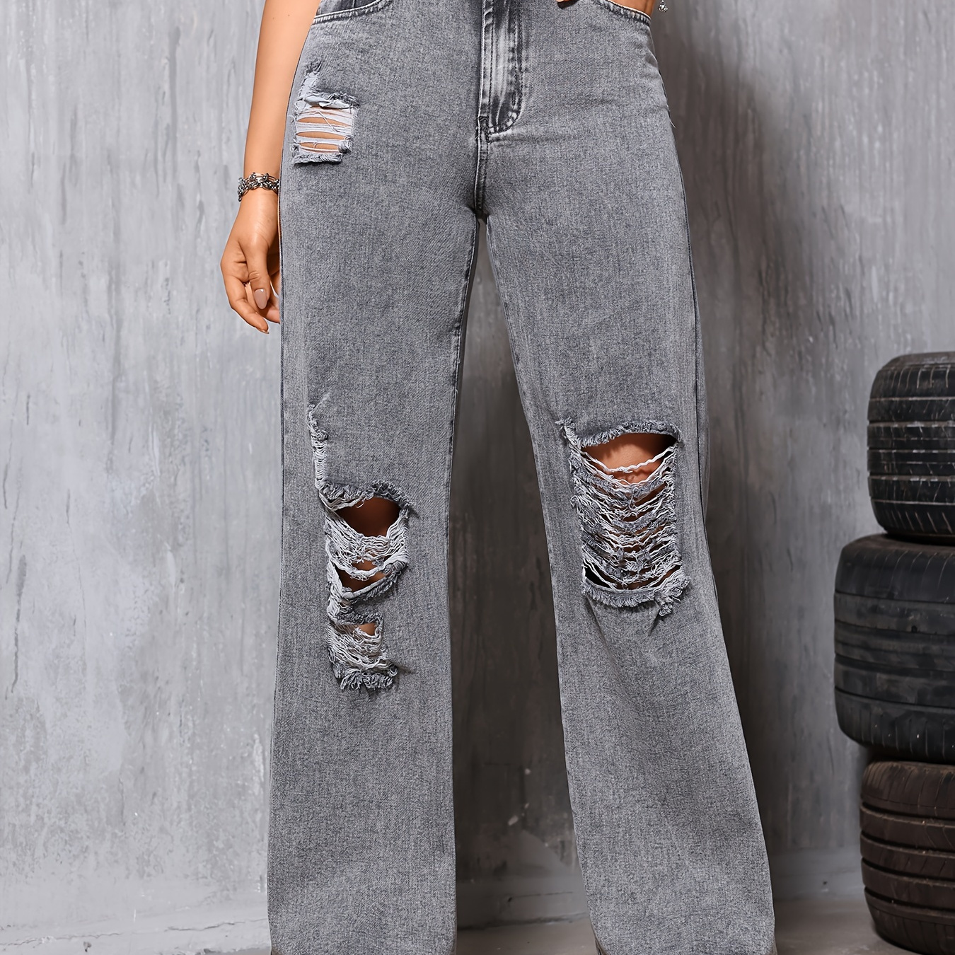 

Fashionable Hole Heavy Metal Element Gray Personalized Wide Leg Women's Denim Pants