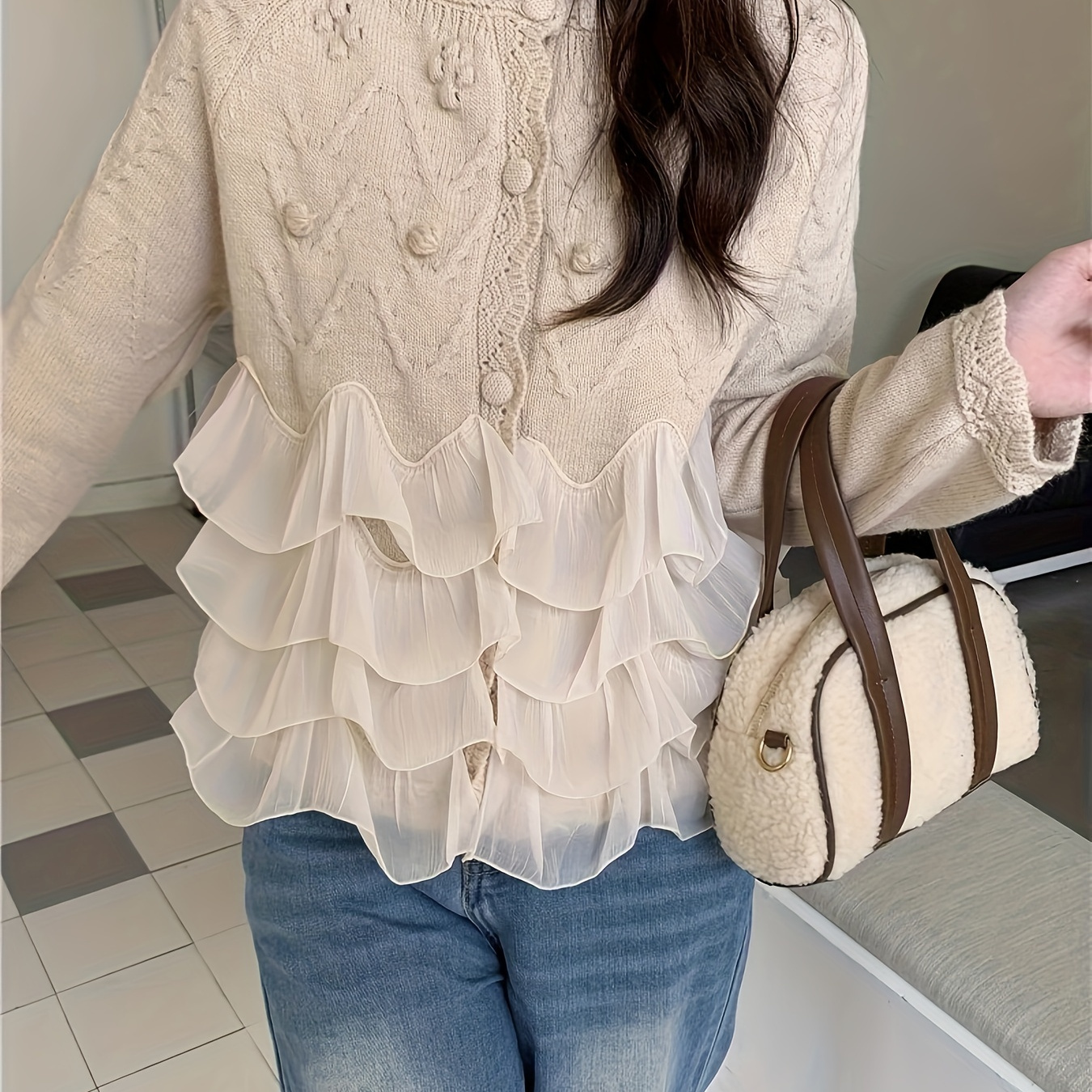 

Women's Elegant Knit Cardigan, Polyester , Ruffle Hem, Button-down, Long Sleeve, Solid Color, Regular Fit, Autumn/ Sweater