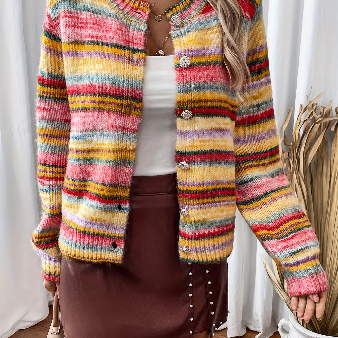 

Cardigan à Rayures Colorées avec Boutons, Cardigan Tricoté Élégant à Manches Longues pour & l'Hiver, Vêtements pour Femmes