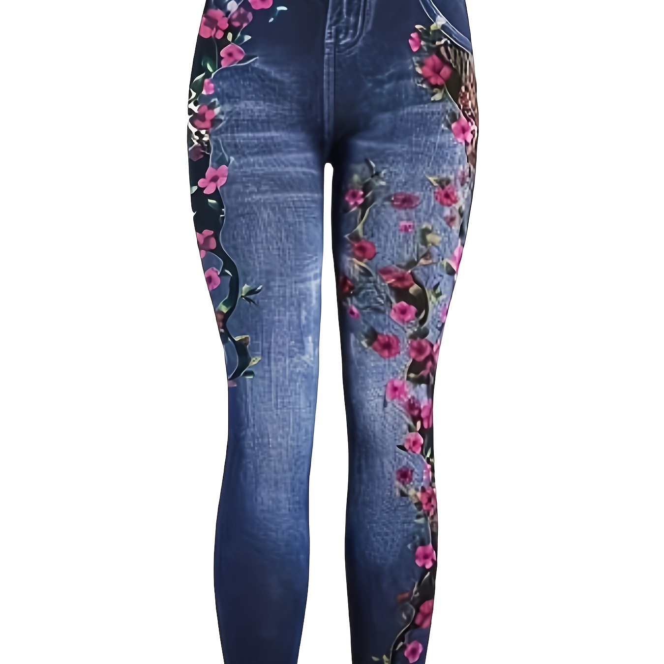 

Women's Plus Size High Waist Stretch Denim-look Yoga Leggings With Floral Print - Comfortable Casual Tights, Pink & Blue Floral , High Polyester Fabric, Machine Washable, Yoga Pants