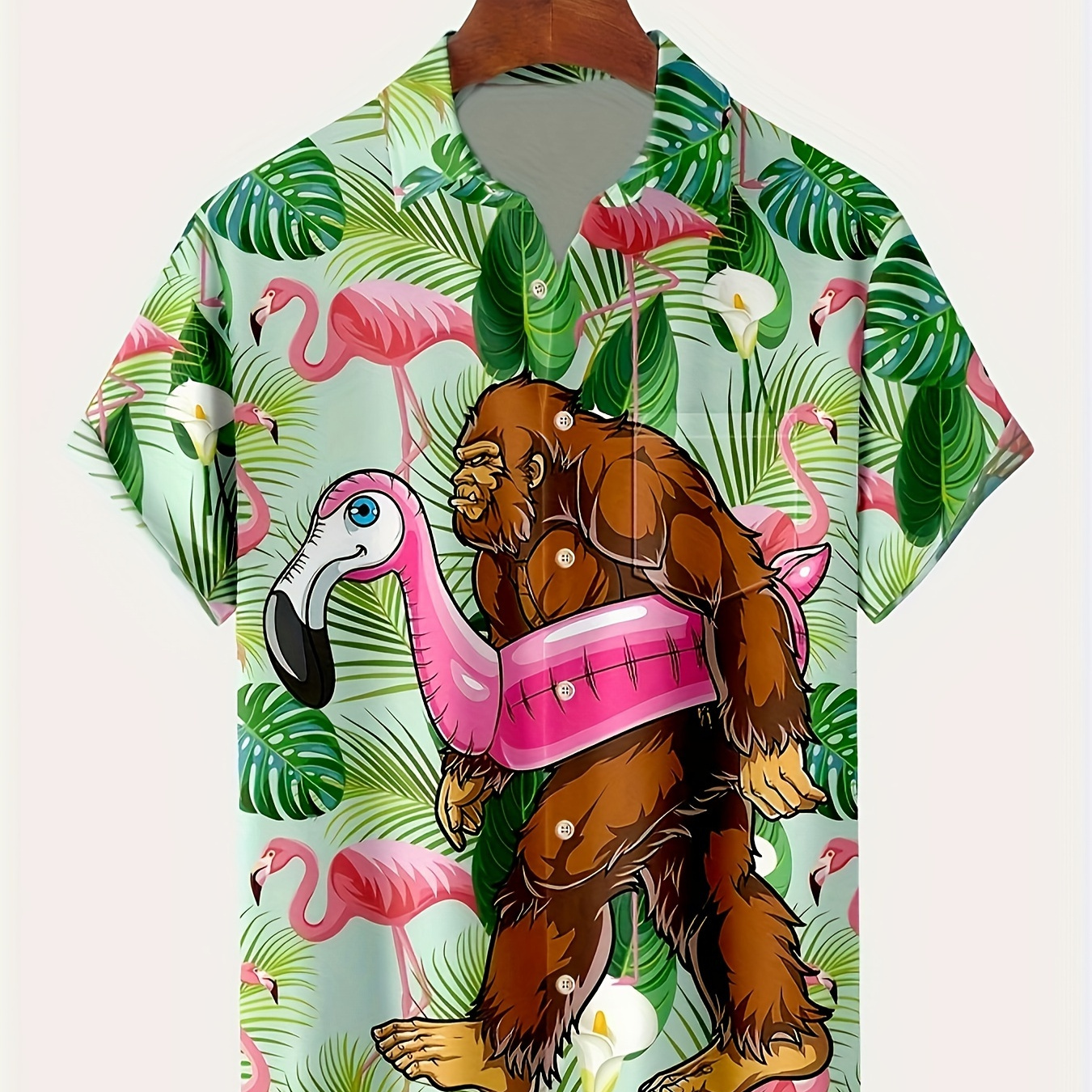 

Men's Trendy Hawaiian Lapel Collar Graphic Shirt With Stylish Flamingo & Gorilla Print For Summer Vacation And Casual Wear